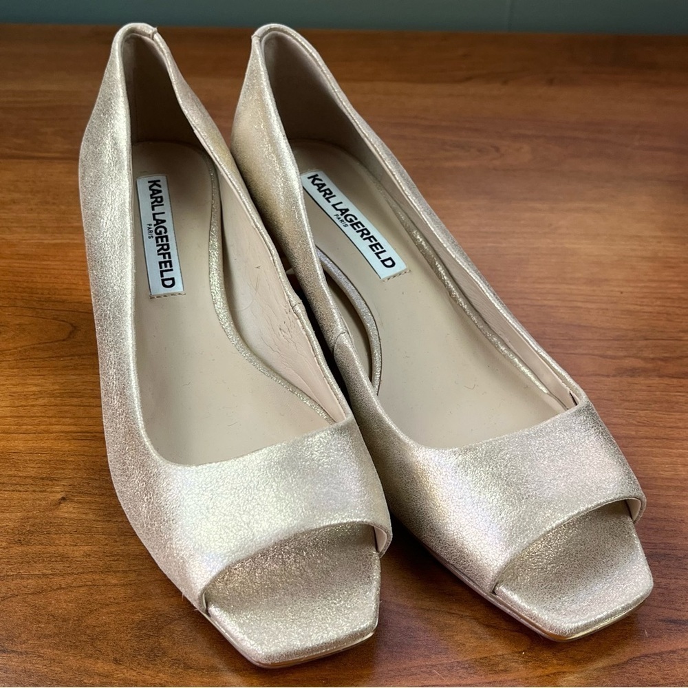 Karl Lagerfeld Hope Shimmer Peep Toe Pumps Gold Metallic Block Heels Sz 8